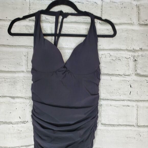 Natori Black one piece Ruched plunge Bathing Suit size 8 b/c halter top - Picture 7 of 10